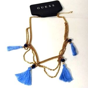 GUESS Polished Gold tone Layered Blue Beads & Pom-poms Tassel Necklace  - 18+3"